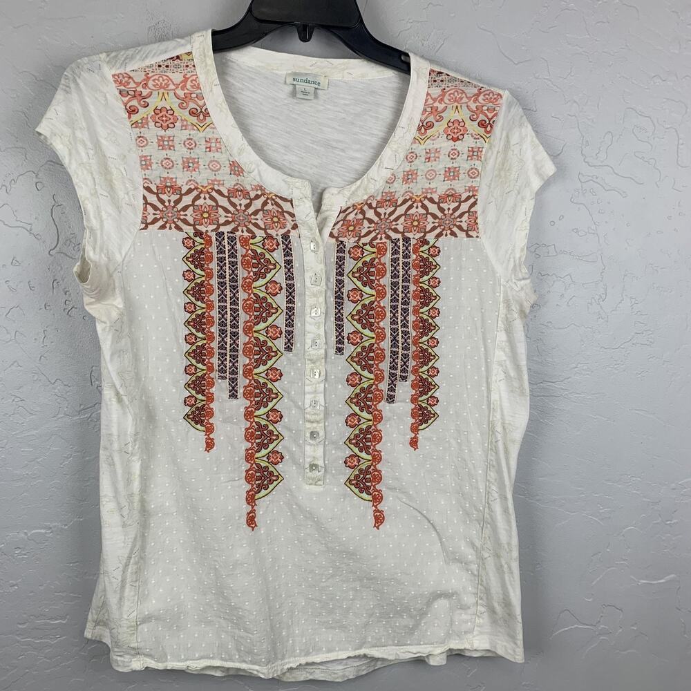 Sundance Top  Womens Large White Embroidered  Boho Cap Sleeve Southwestern